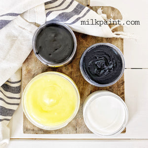 Sweet Pickins Milk Paint Beeswax Furniture Polish Samples in containers in black, clear, dark and white 