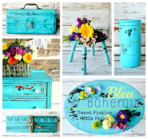 Sweet Pickins Milk Paint in Bleu Bohemia shown painted on a tool box, stool and dresser 