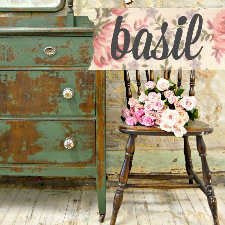 Sweet Pickins Milk Paint in Basil shown painted on a dresser 