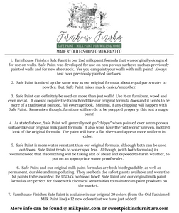 Farmhouse Finishes Safe Paint flyer explaining it's history, use and information about the paint  