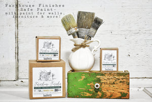 Farmhouse Finishes Safe Paint for Walls, Furniture and more shown in different size boxed containers